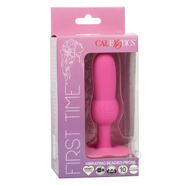 First Time Vibrating Beaded Silicone Rechargeable Probe - Pink