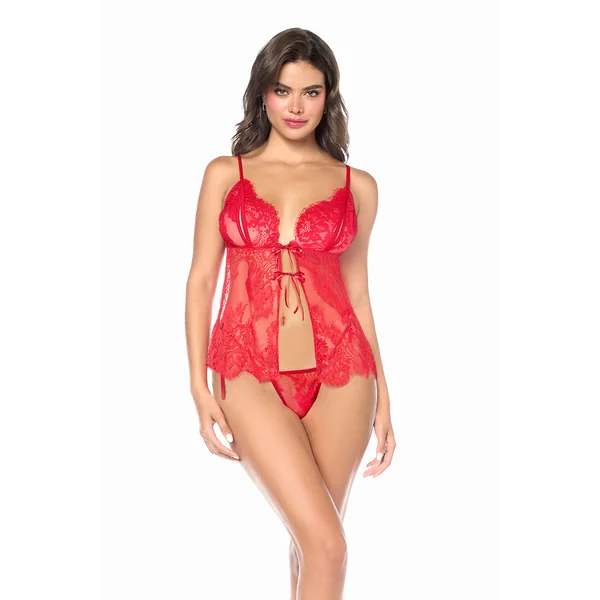 Flirty Peek-a-boo Lace Flyaway Babydoll Red