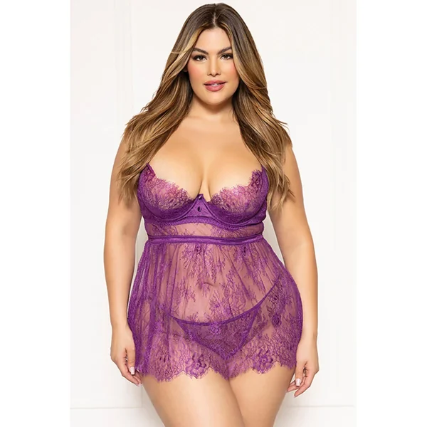 Floral Eyelash Lace Underwire Babydoll w/Thong 2 pc Set – Purple