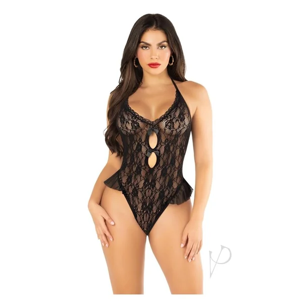 Floral Lace Halter Bodysuit with Mini Bow and Flutter Accent - OS - Black