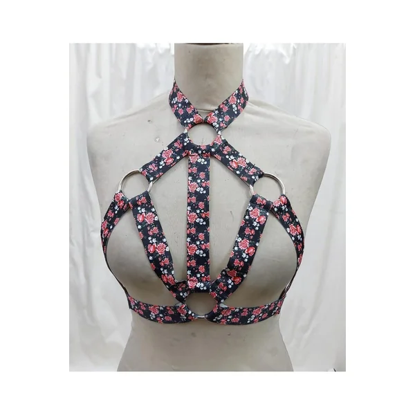 Floral Print Stretchy Body Harness w/Silver Hardware