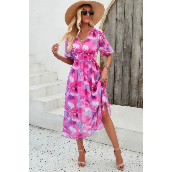 Floral V Neck Puffed Sleeve High Waist Dress