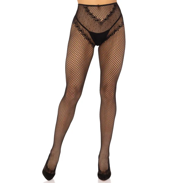 French Cut Crotchless Fishnet Tights With Heart Backseam Black
