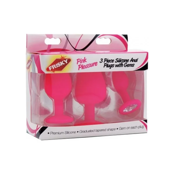 Frisky Pink Pleasure 3 Piece Anal Plugs With Gems Silicone Pink