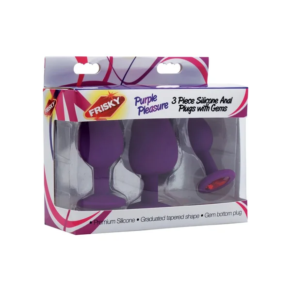 Frisky Purple Pleasure Silicone Anal Plugs With Gems 3 Each Per Set