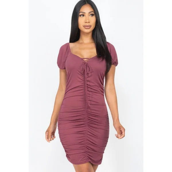Front Lace Up Ruched Mini Dress