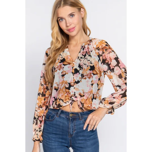 Front Tie Detail Print Woven Blouse