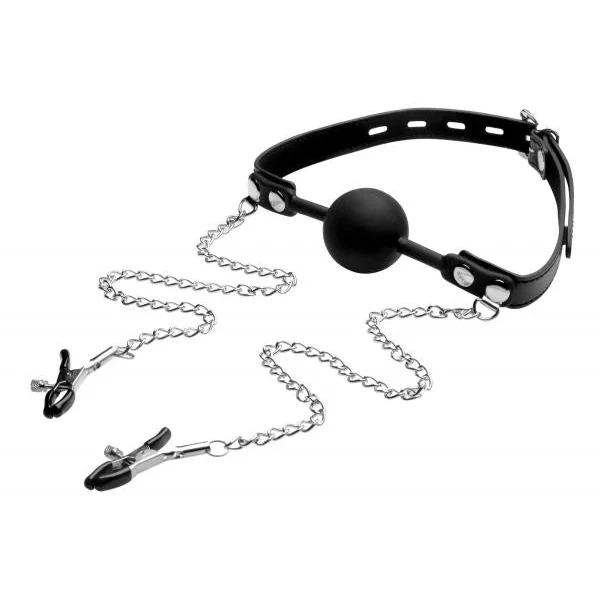Gags & Blindfolds: Strict Silicone Ball Gag With Nipple Clamps Black