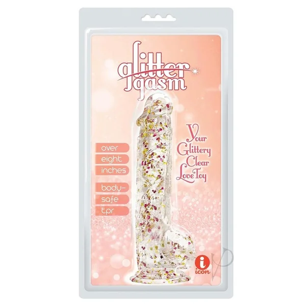 Glittergasm Realistic Clear Dildo with Balls and Suction Cup - Blue/Purple/Violet Glitter