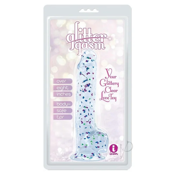Glittergasm Realistic Clear Dildo with Balls and Suction Cup - Red/Orange/Golden Glitter