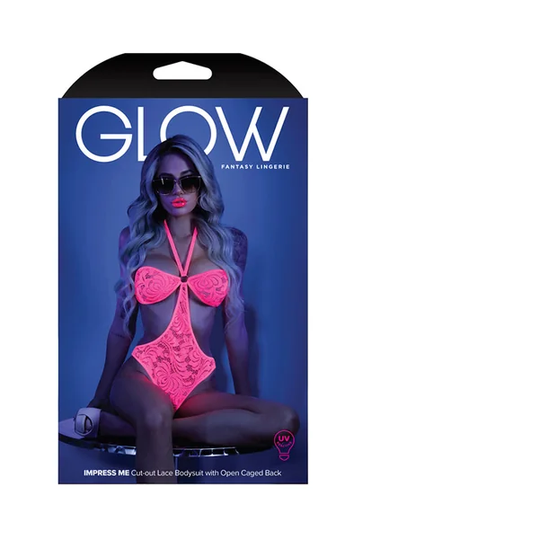 Glow Impress Me Lace Bodysuit With Open-cage Back Neon Pink L/xl