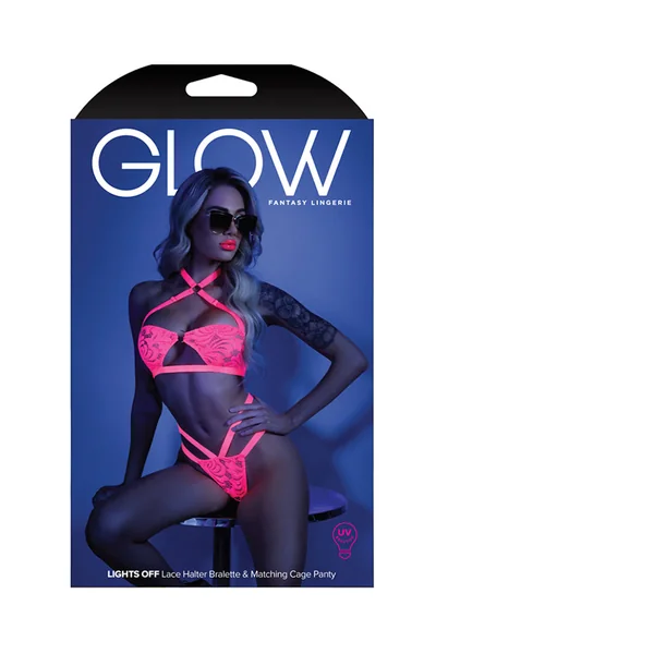 Glow Lights Off Lace Halter Bralette & Cage Panty Neon Pink L/xl