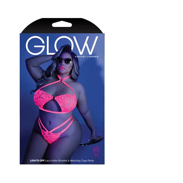 Glow Lights Off Lace Halter Bralette & Cage Panty Neon Pink Qs