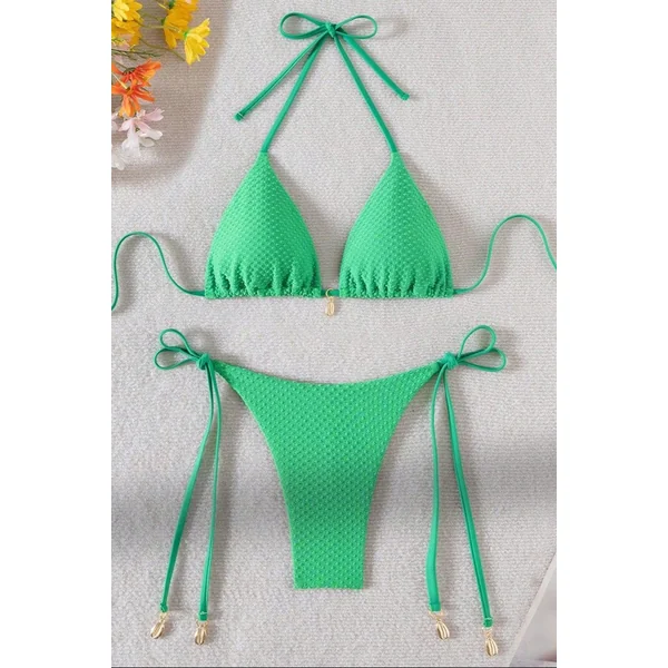 Green Dot Texture Fabric Gold Shell Charm Ruched Butt Sexy 2Pc Swimsuit Set Bikini