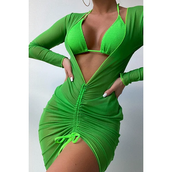 Green Mesh Long Sleeve Three Piece Swimsuit