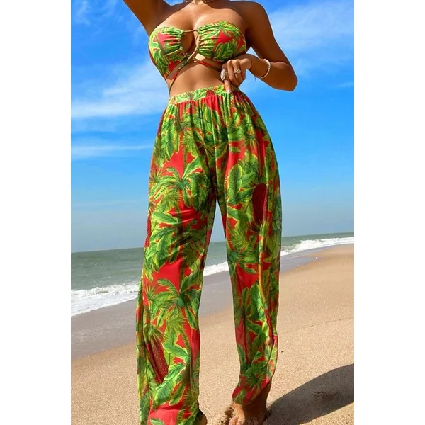 Green Red Palm Tree Print Bandeau High Waist Cheeky Pants Cover-Up 3Pc Swimsuit Set