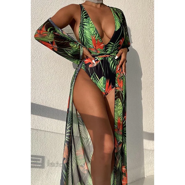 Green Red Tropical Print Two Piece Monokini Swim & Cover-up Set