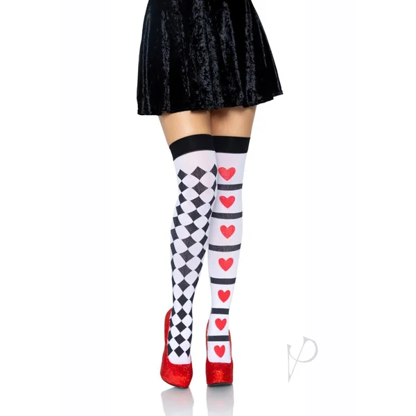 Harlequin Heart Thigh High Os Wht/red