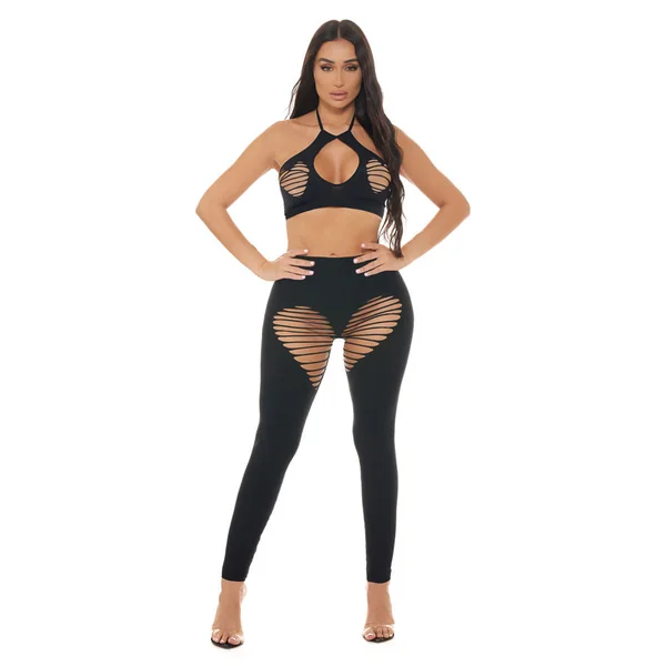 Heart Rate Halter Bra and Legging Set Black Nylon Spandex