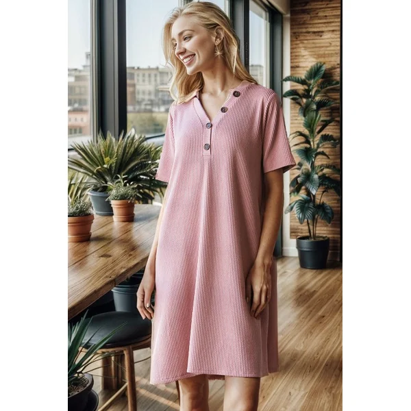 Heimish Full Size Solid Ribbed Mini Dress with Button Plus Size