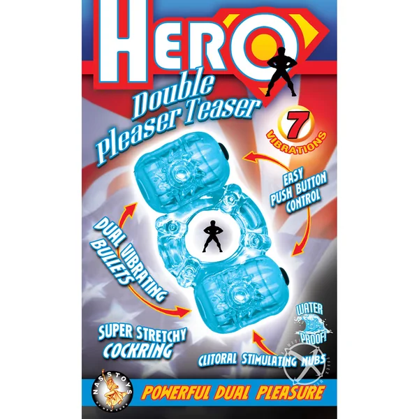 Hero Double Pleaser Teaser Vibrating Cock Ring - Blue
