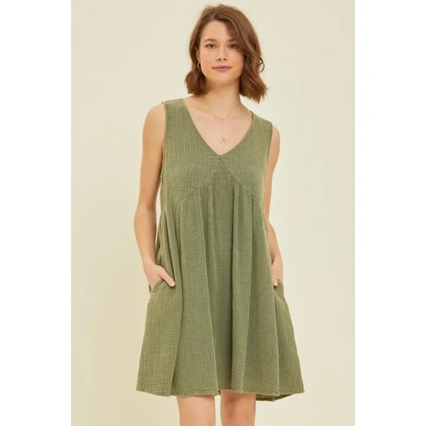 HEYSON Full Size Texture V-Neck Sleeveless Flare Mini Dress