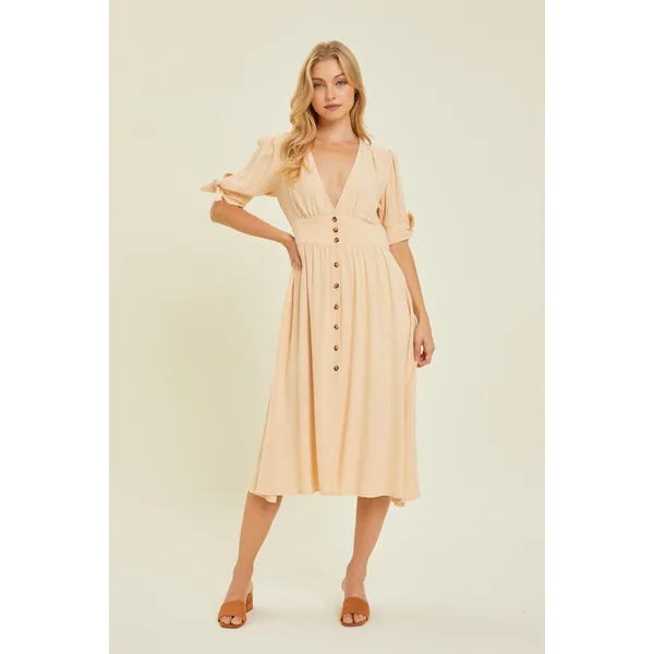 HEYSON Full Size Textured Linen V-Neck Button-Down Midi Dress