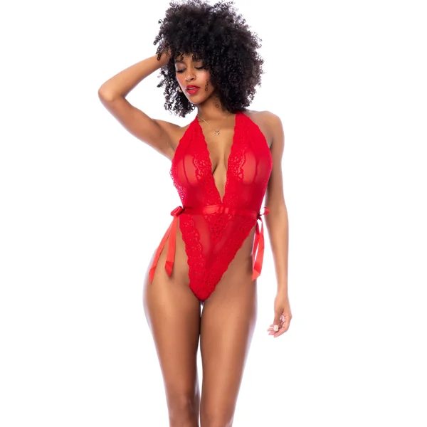 High Cut Bodysuit with Side Satin Bow Ties