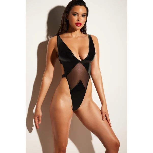 High Leg Teddy With Vinyl And Mesh