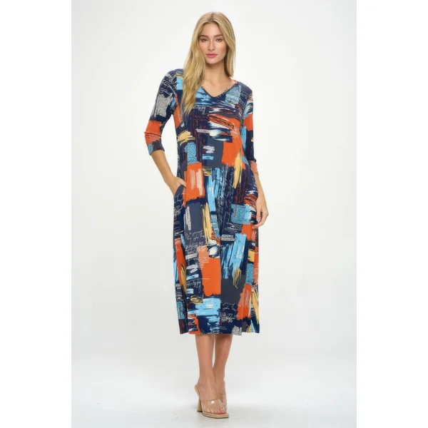 Hit V-neck Long Dress W/pocket