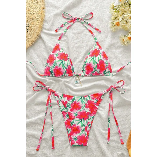 Hot Pink Floral Print Ribbed Flower Charm Sexy 2Pc Swimsuit Set Bikini