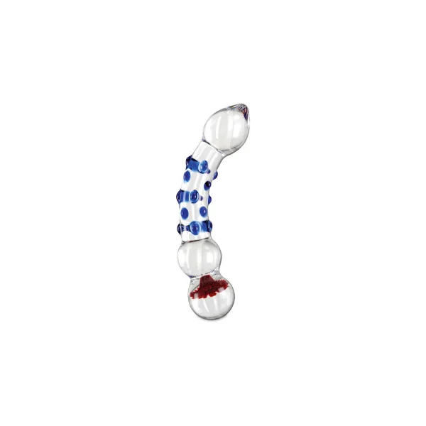 Icicles No. 18 Curved Textured 7.5 in. Glass Dildo, 7.5 Inch Total Length, Blue/Red/Clear