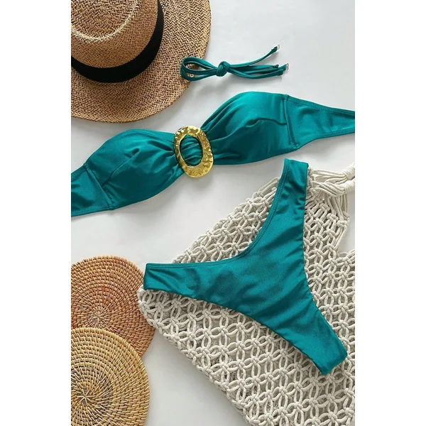 Jade Green Gold Decor Bandeau Ruched Butt Thong Sexy 2Pc Swimsuit Bikini