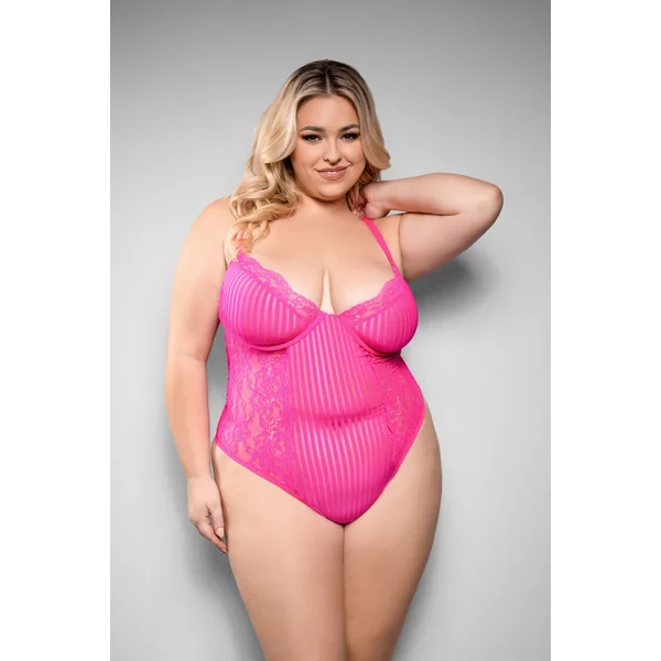 Juliette Lace Striped Mesh Crotchless Teddy Neon Pink Queen