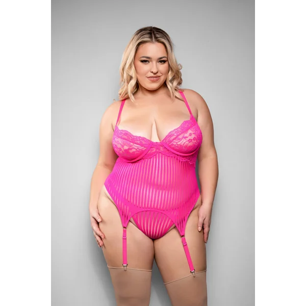 Juliette Striped Gartered Bustier Set Neon Pink Queen