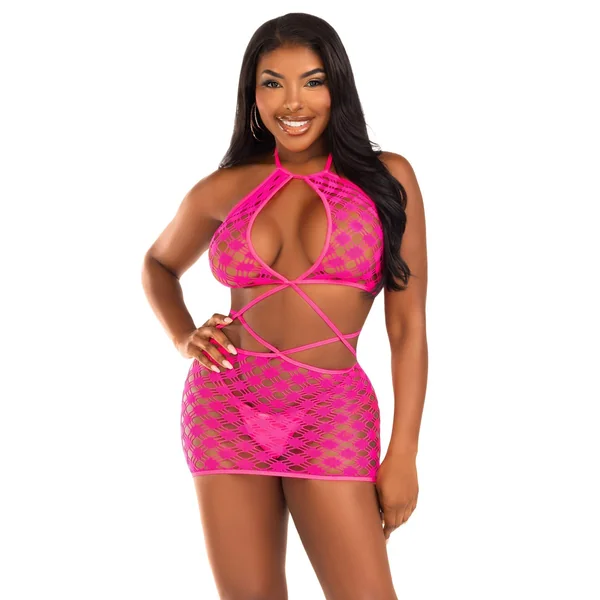 Keyhole Halter Hardcore Net Mini Dress