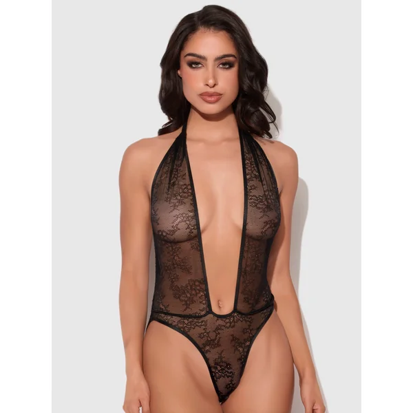 Kiki Lace Plunge Halter Teddy Black