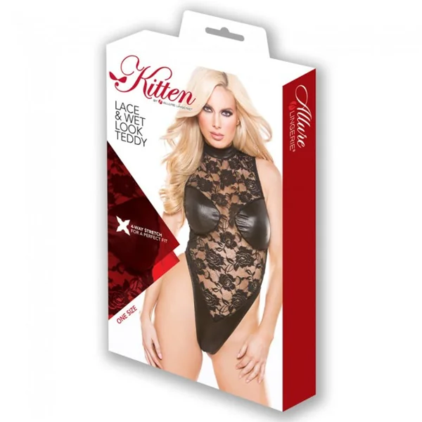 Kitten Floral Lace & Wet Look Teddy