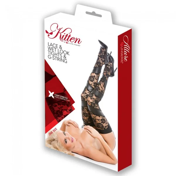 Kitten Floral Lace & Wet Look Tights With G String
