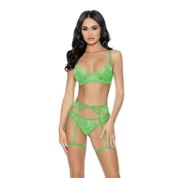 Lace Gartered Underwire Cups Bra Set Lime