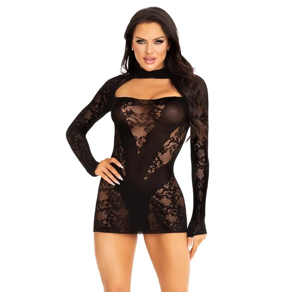 Lace Keyhole Mini Dress, Opaque Panel And Gloved Sleeves