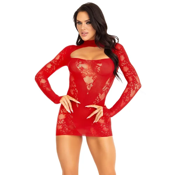 Lace Keyhole Mini Dress, Opaque Panel, Gloved Sleeves