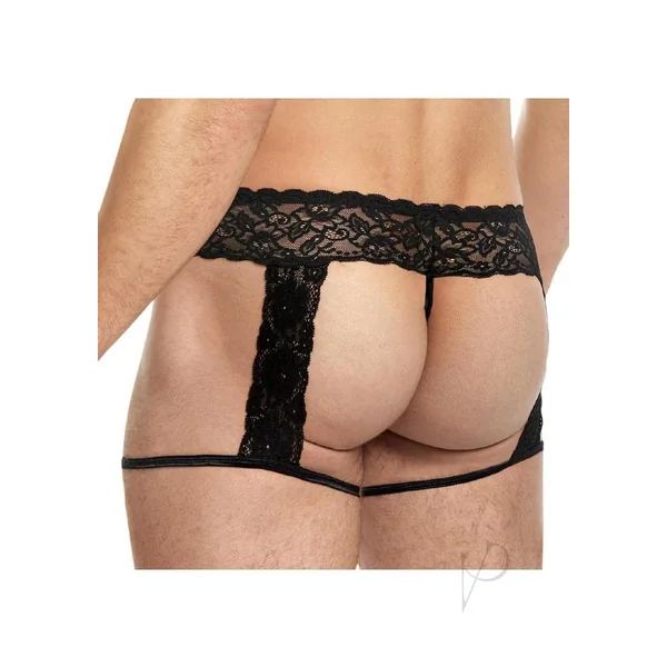 Lace King Men`s Lace and Mesh Garter Panty - Small/Medium - Black