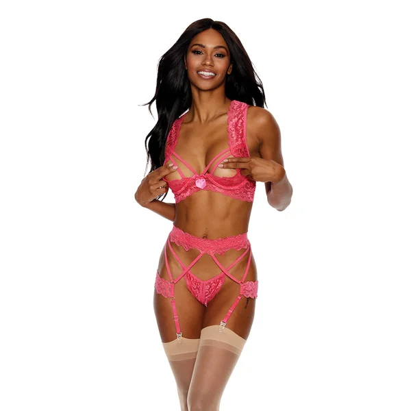 Lace Underwire Peek a Boo Bra, Garterbelt & G-String Coral SM