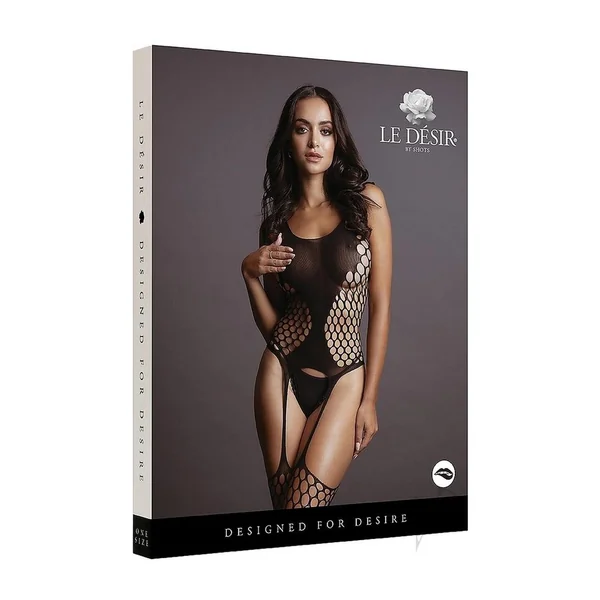 Le Desir Fence Suspender Bodystocking - O/S - Black