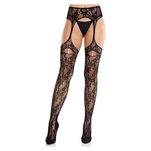 Leg Avenue Bloom Net Stockings with Cut-Out Thigh Detail and Attached Garter Belt
