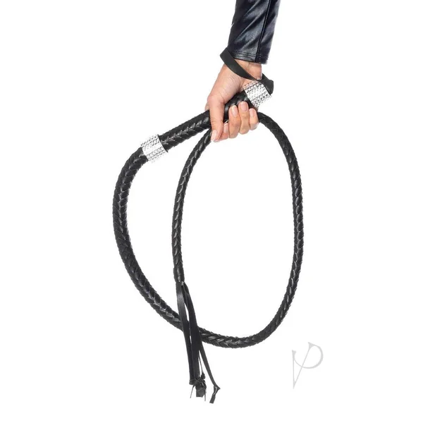 Leg Avenue Braided Whip with Rhinestone Look Handle Accent Faux Leather - 54in - Black