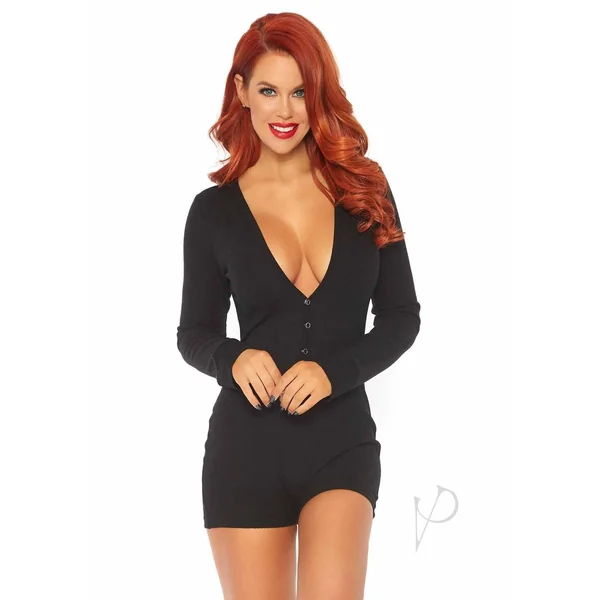 Leg Avenue Brushed Rib Romper Long Johns with Cheeky Snap Closure Back Flap - M/L - Black