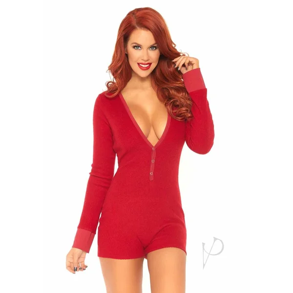 Leg Avenue Brushed Rib Romper Long Johns with Cheeky Snap Closure Back Flap - S/M - Red