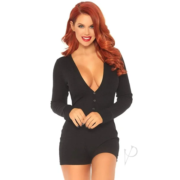 Leg Avenue Brushed Rib Romper Long Johns with Cheeky Snap Closure Back Flap - XL - Black